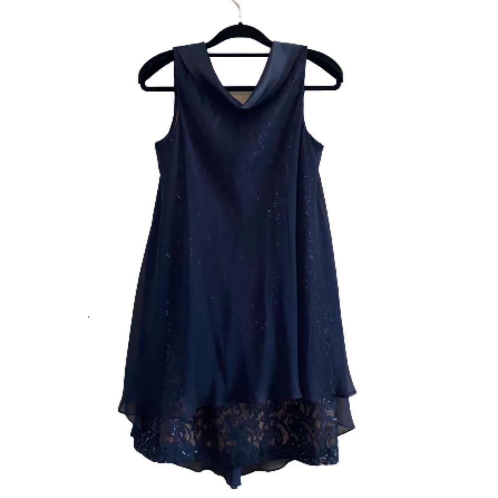 SLNY Navy Chiffon and Lace Cocktail Dress